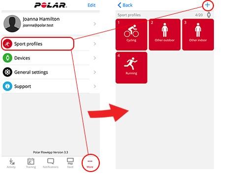 Polar Flow webbtjänst Sportprofiler LÄGGA TILL EN SPORTPROFIL Gör så här i Polar Flow-appen: 1. Gå till Sportprofiler. 2. Tryck på plustecknet högst upp till höger. 3. Välj en sport från listan.
