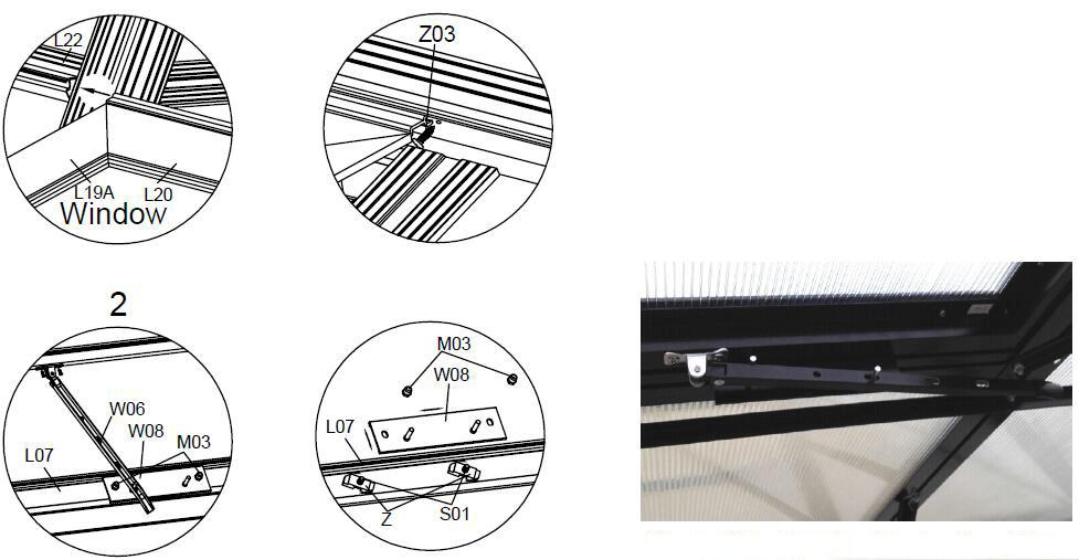 DEL NR. ANTAL W08 2 Z03 Ø4X10 4 S01 M6X12 4 M03 M6 4 Z 4 Fönster x 2 st. För in ventilationsfönstret längs spåret i L22 och fixera det i rätt position med Z03-skruvarna.