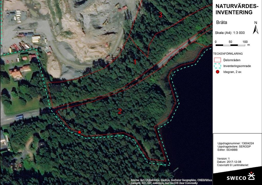 4.1.1 Skyddade arter Två plantor av den fridlysta idegranen hittades i delområde 2, intill vägen. Fyndplatsen för idegranen redovisas i Figur 13.