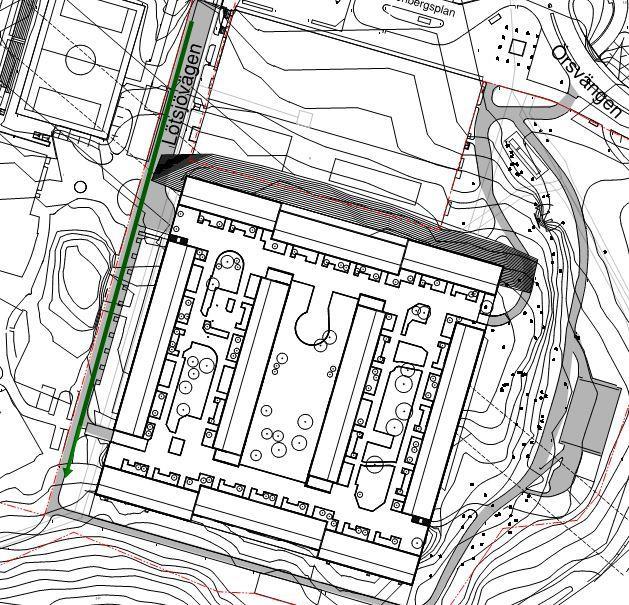 Vägalternativ 1: Om Lötsjövägen ska användas måste en vändplan skapas med diametern 25m för att uppfylla kraven för BK-1 klass (Transportstyrelsen, 2018).