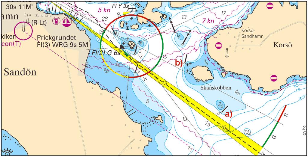 2016-07-14 5 Nr 607 Ändra 3- och 6-meterskurvor mellan a) - b) i enlighet med sjökortsbilden a) 59-16,79N 018-56,72E b) 59-17,043N 018-56,32E Inför namnet Skanskobben c) 59-17,00N 018-56,48E Bsp