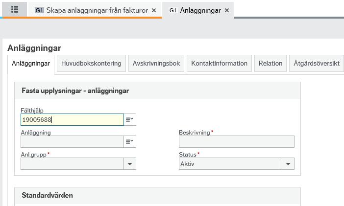 GÖTEBORGS UNIVERSITET sid 11 (14) Mata in anläggningsnumret som du fick när du sparade registreringen i Skapa anläggningar från fakturor i rutan Fälthjälp och tabba