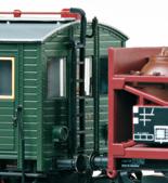 A pot container car with twelve pot containers and a brakeman s cab painted and lettered for the firm Kali-Chemie / Potash Chemical AG Berlin, used on the German State Railroad.