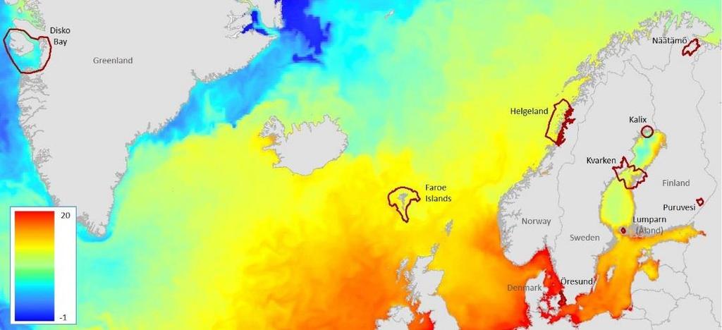 Den nordiska kustregionen har en mycket varierande geologi, biologi och ekologi Ytvattnets temperaturvariation sommartid Source:
