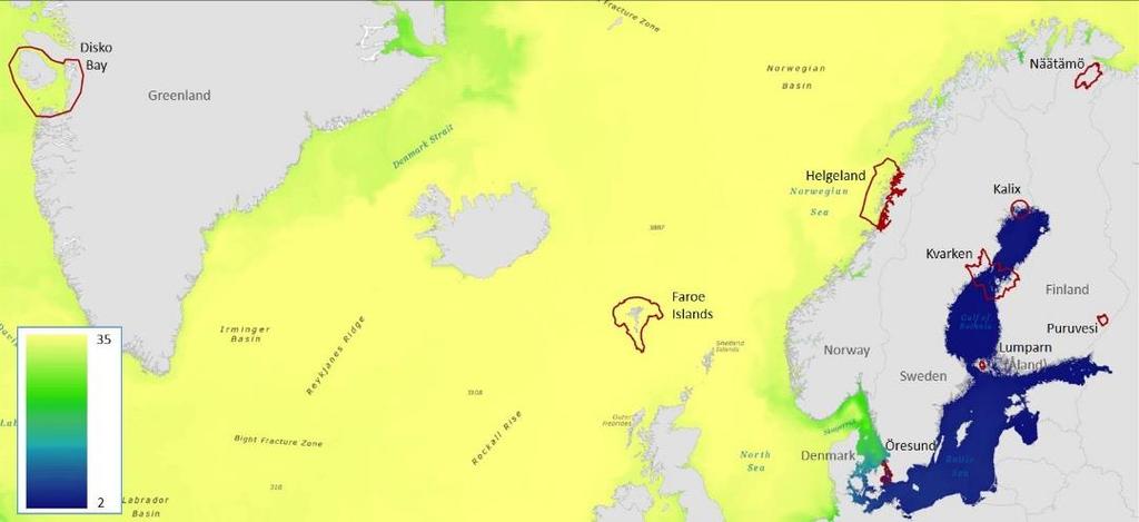 Salinitet: Saliniteten (salthalten i havsvatten) varierar från fullt oceaniska förhållanden(~35 PSU) på den norska västkusten till nästan sötvatten (<3 PSU) i den inre
