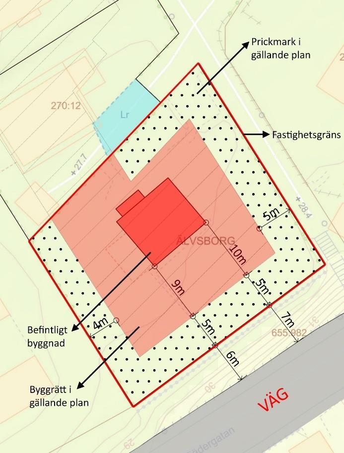 förfrågan skulle den nya fastighetsgränsen gå utmed befintligt bostadshuset, vilket är olämplig.