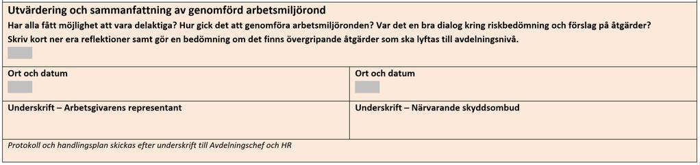 På protokollets första sida görs en utvärdering och sammanfattning av genomförd arbetsmiljörond.