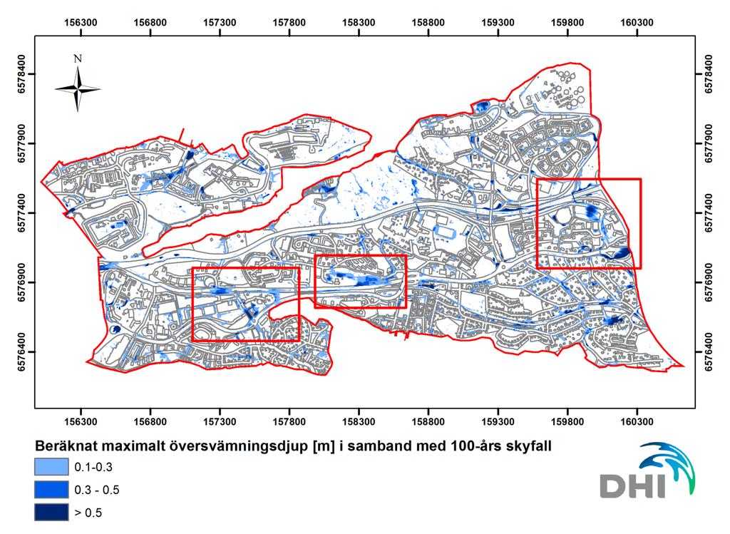 Figur 3 Beräknat maximalt översvämningsdjup vid 100-årsregn för hela modellområdet.