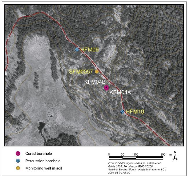 Figure 3-1. Location of the boreholes HFM09, HFM10 and KFM04A at drilling site DS4.