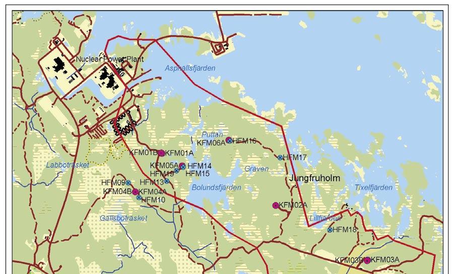 Figure 1-1. Locations of the investigated boreholes within and just outside the Forsmark candidate area.