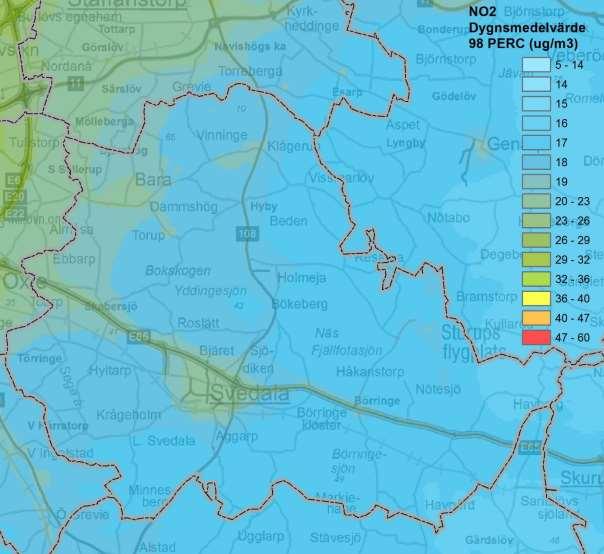 Dygnsmedelvärde Beräknade dygnsmedelvärdet för kvävedioxid ligger kring 17 18 µg/m 3 på landsbygden inom Svedala kommun och 20 24 µg/m 3 i tätorten Svedala och kring E65.