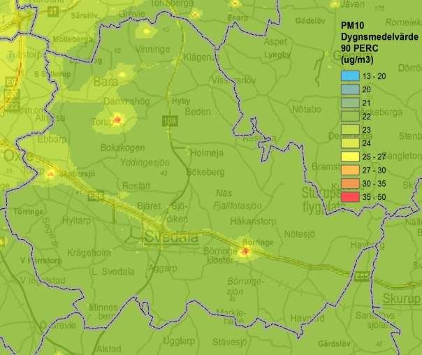 Dygnsmedelvärde Beräknade dygnsmedelvärdet för partiklar (PM 10) ligger på 22 µg/m 3 på landsbygden inom Svedala kommun och 23 24 µg/m 3 i tätorten Svedala samt kring E65.