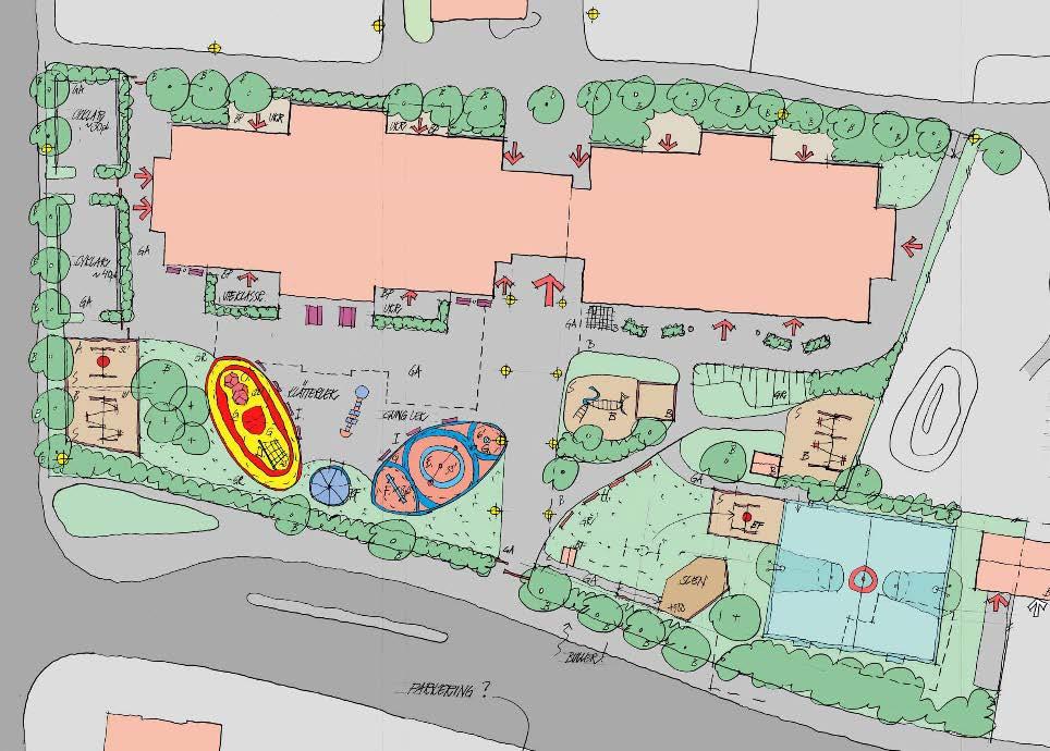 Illustration över skolområdet. Det slutliga förslaget kan bli annorlunda. Skolgård Befintlig skolgård består av många olika delar norr och söder om skolbyggnaderna.
