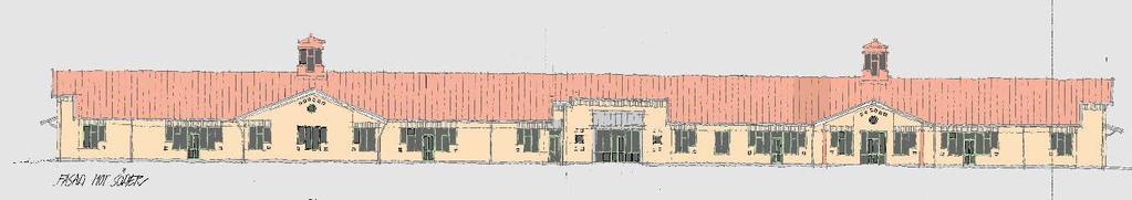 Byggnadskultur och gestaltning Illustration över byggnaderna söder ifrån. Befintlig och ny byggnad sammanbyggda.