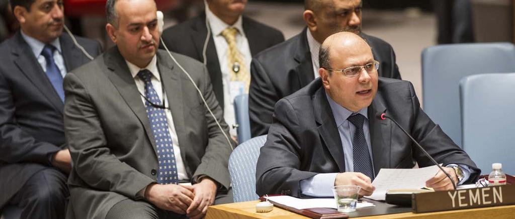 Foto: UN Photo/Mark Garten Jamal Abdullah Al-Sallal, Jemens ständige representant, adresserar säkerhetsrådet efter antagandet av resolution 2140 i februari 2014.