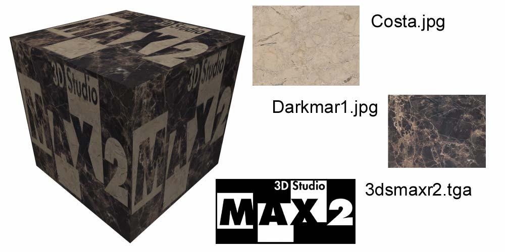 3.2 Ett komplicerat material Nu ska vi göra ett lite mer komplicerat material som består av tre bitmap-texturer och två kombinationsmappar (mask och