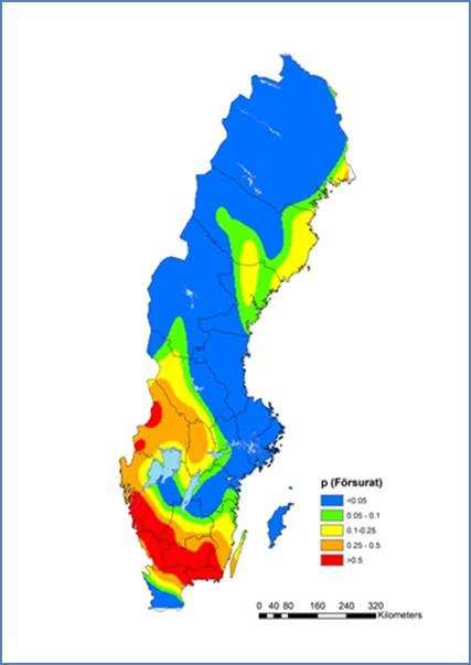 SLU har beräknat sannolikheten för att en given sjö är försurad 11. För Kronoberg är denna >50% i övervägande delen av länet (se karta).