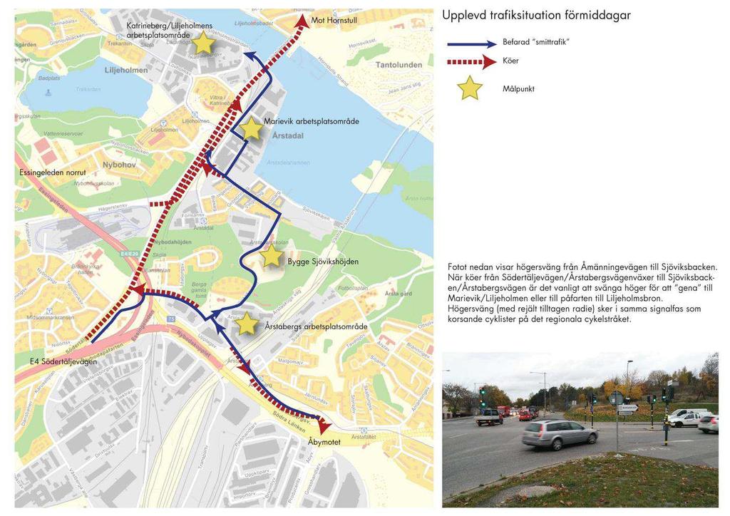 4(7) 3 Övergripande trafiksituation Figur 1 Övergripande trafiksituation i förmiddagsmaxtimme Årstaberg och Årstadal är genomfartsgata för trafik främst in mot Hornstull, Liljeholmen och Marievik