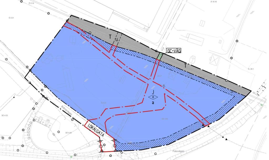 Figur 3. Sammanfogning av ändringen av detaljplan och ursprungsplanen, rödmarkering motsvarar det område som berörs av ändringen.