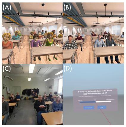 !15 Figur 2. De olika virtuella miljöer som undersöktes; (A) Stiliserad, (B) Realistisk, (C) Video, (D) Bilden visar hur det såg ut för deltagarna då de gjorde sina skattningar.