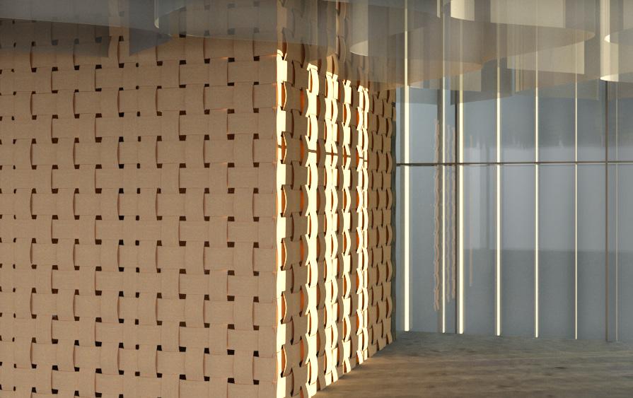 Pelare 400x400 mm Rendering över fasaden som presenterar de roterande textilierna i luftspalten FASAD Ur ett hållbarhetsperspektiv så återanvänds det