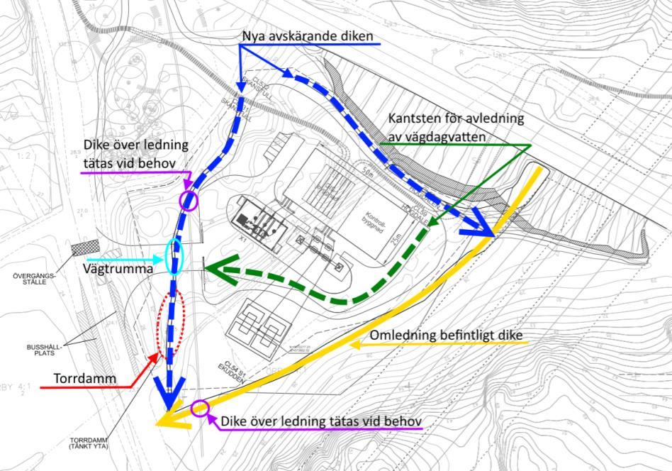 Sida 18 (31) därom. Det västra diket leds till en sänka, torrdamm, intill Magelungsvägen. Utdrag från dagvattenutredningen.