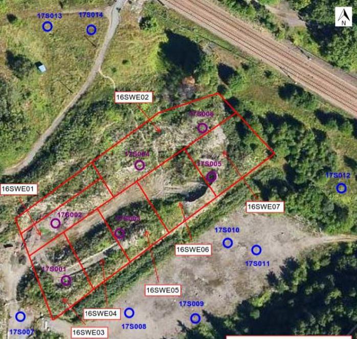 Sida 26 (31) Utdrag från Markteknisk undersökning. Provpunkt 17S013 och provpunkt 17S007 ligger i det övre vänstra respektive nedre vänstra hörnet.