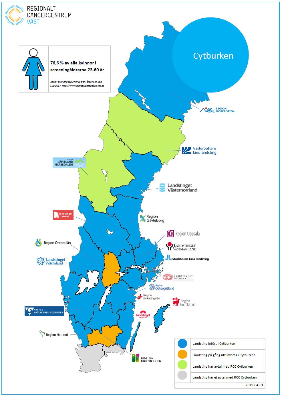 77 77 Nationellt Kvalitetsregister för Cervixcancerprevention (NKCx) Figur 1: Översikt över anslutning till CytBurken till och med april 2019. Källa https://www.