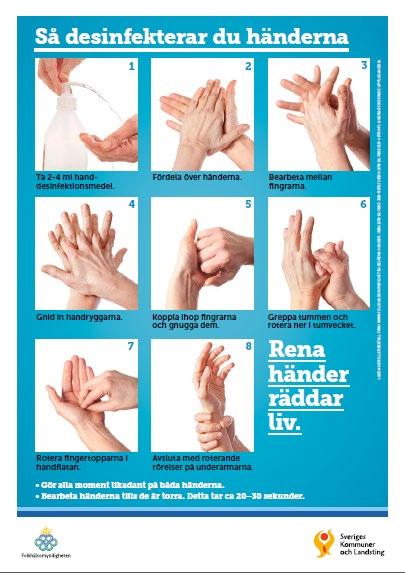 Bild 12 Så desinfekterar du händerna Ta alltid rikligt med handsprit, minst 2 pumptryck behövs alltid. Det är viktigt att mekanisk arbeta in handspriten tills händerna är torra.
