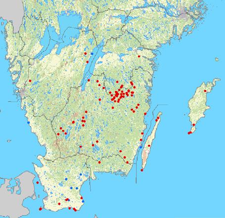 Landskap Sommar (aktiva) Vinter (hibernerande) S:a Skåne 11 6 17 Blekinge 1-1 Halland - 1 1 Öland 4-4 Gotland 4-4 Småland 62 1 63 Västergötland 3 1 4 Östergötland 9-9 S:a 94 9 103 Län Sommar (aktiva)