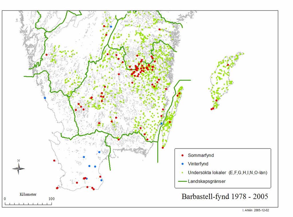 Fig. 3. Undersökta lokaler i fem län och fyndlokaler för barbastell i Sverige 1978 2005 Något om övriga fladdermusfynd under 2005 Trollfladdermus (Pipistrellus nathusii).