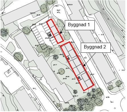 Grapnummer Uppdragsnummer Version 19124 2019-04-25 1.0 Figur 6-1. Planerade hus inom fastigheten Skridskon 1 i Västertorp. Markytan är kuperad och stiger i sydöstlig riktning.