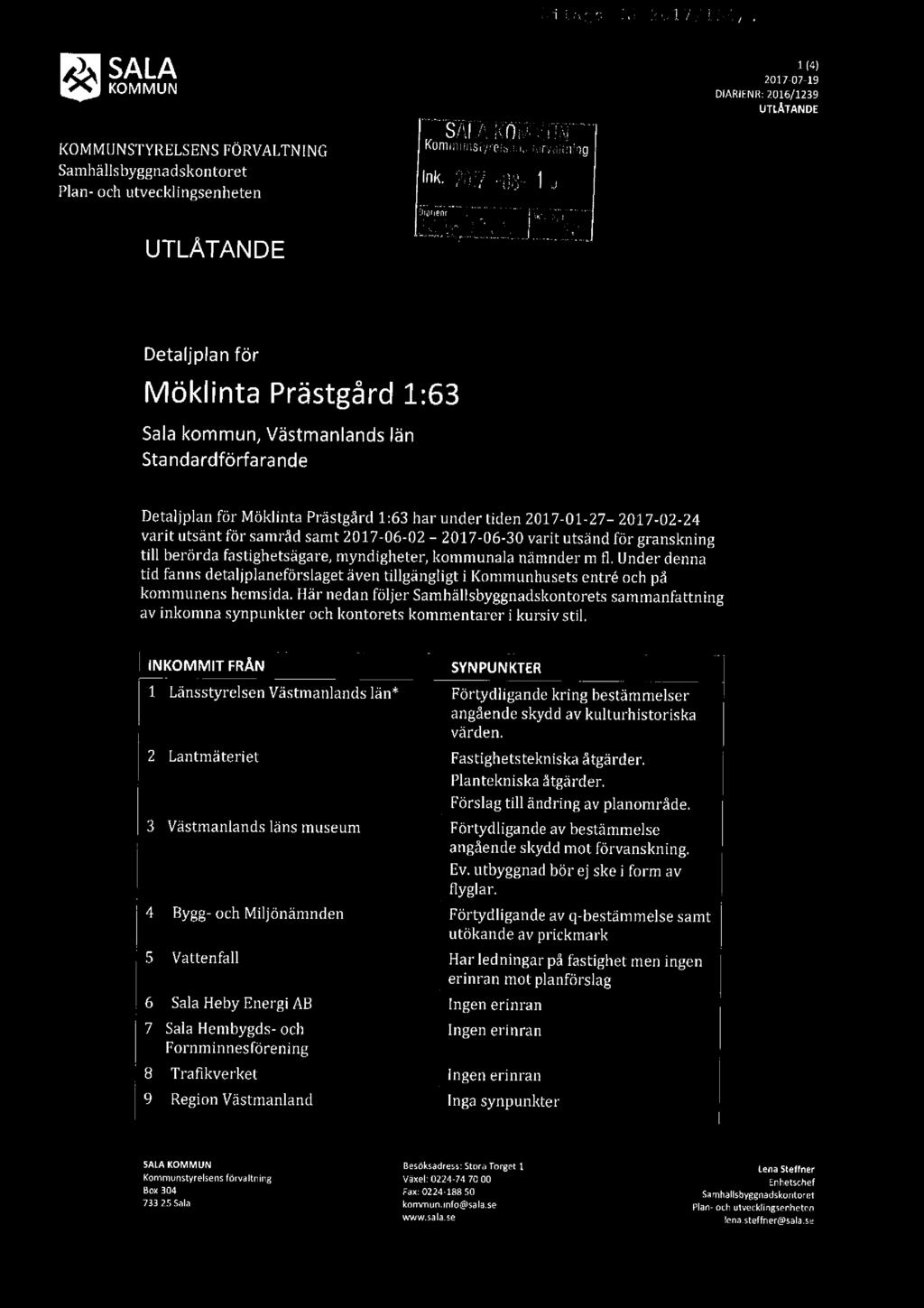 1»]',},<'iE _p.'j KJS P_U1 Yf l 13: :,V,så SALA KOMMUN KOMMUNSTYRELSENS xd FÖRVALTNING OD Plan- och utvecklingsenheten UTLÅTANDE U! sanna; : ir"- KUmIlltlilélylüläajnam. Ink. 2:321:ia E:"?