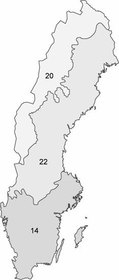 Figur 4.1. Illies ekoregioner, Centralslätten (14), Fennoskandiska skölden (22) och det Boreala höglandet (20). Tabell 4.6. Taxonomisk nivå för beräkning av ASPT och DJ-index.