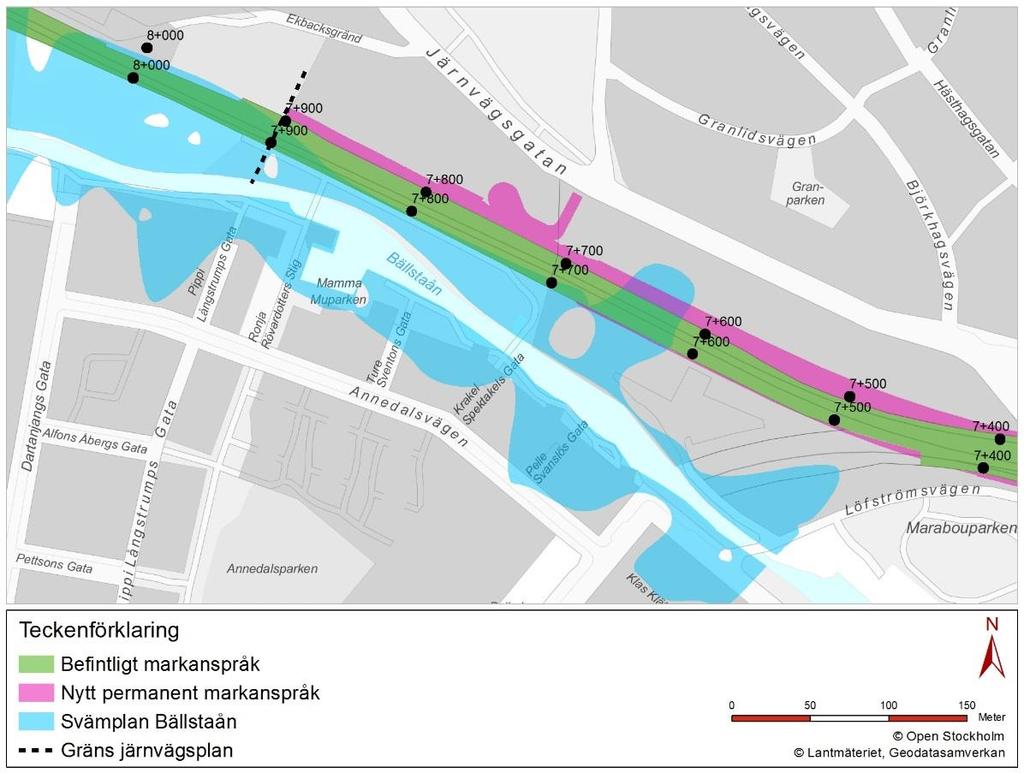 Figur 6. Karta över Bällstaåns svämplan samt mark som tas i anspråk av befintligt samt framtida spårområde.