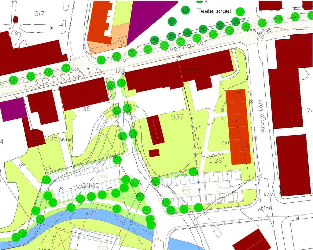 Se fig. Detta botadhu kan bygga enligt en redan gällande detaljplan. Det förutätter parkering i källarplanet med infart från norr.