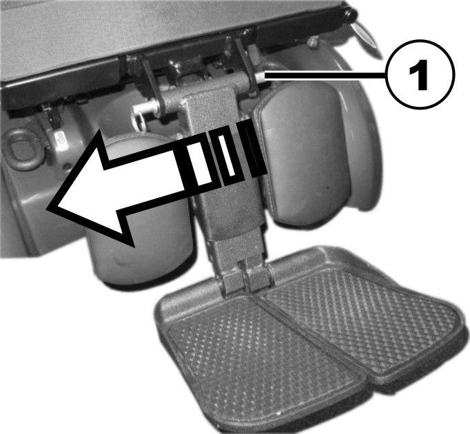Invacare Ultra Low Maxx av Motion Concepts 1. 2. Ta bort den löstagbara axeln (1). 1. Fäll upp fotplattorna för att komma åt justeringsskruvarna (1). 2. Ställ in justeringsskruvarna med insexnyckeln.