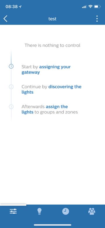 04 Konfigurera ett projekt genom appen Första installationen Efter att du valt/skapat projektet i appen gör du följande: 1. Uppge gatewayen 2. Sök efter lamporna 3.