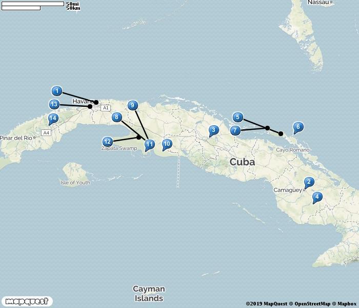 KUBA 1. Havana 2. Camagüey 3. Santa Clara 4. Najasa area 5. Cayo Coco 6. PN Cayo Paredón Grande 7. Cayo Guillermo 8.