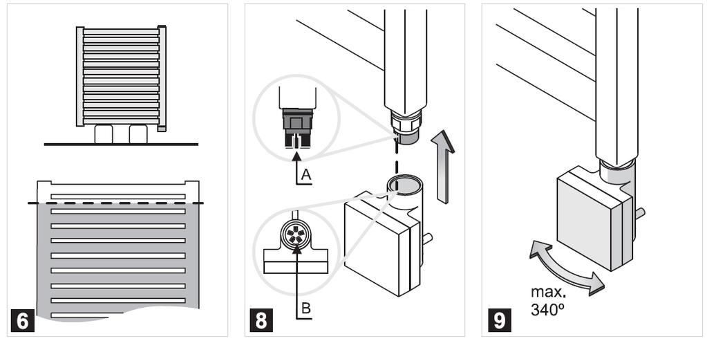 6. Ställ tillbaka handdukstorken i upprätt läge och kontrollera vätskenivån inuti. 7. Säkerställ att det är tätt vid värmeelementet. 8. Montera kontrollenheten.
