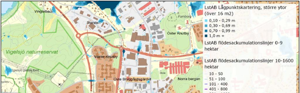 3.5 Lågpunktskartering Enligt Länsstyrelsen finns det ingen lågpunkt inom planområdet, se Figur 7. Figur 7. Lågpunktskarta där utredningsområdet markeras med en svartstreckad linje (länsstyrelsen.