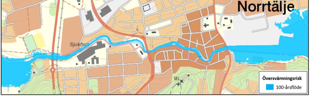 Planområdets nuvarande risk för översvämning för ett 00-årsflöde (msb.se, 208) 6.4 Föroreningsberäkningar efter föreslagen dagvattenlösning De dagvattenlösningarna som rekommenderas i avsnitt 6.