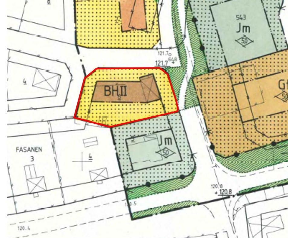 Befintlig detaljplan med planområdet markerat med röd linje. Direkt öster om planområdet är marken planlagd för allmän platsmark, Park eller planteringar med en illusterad cykelväg.