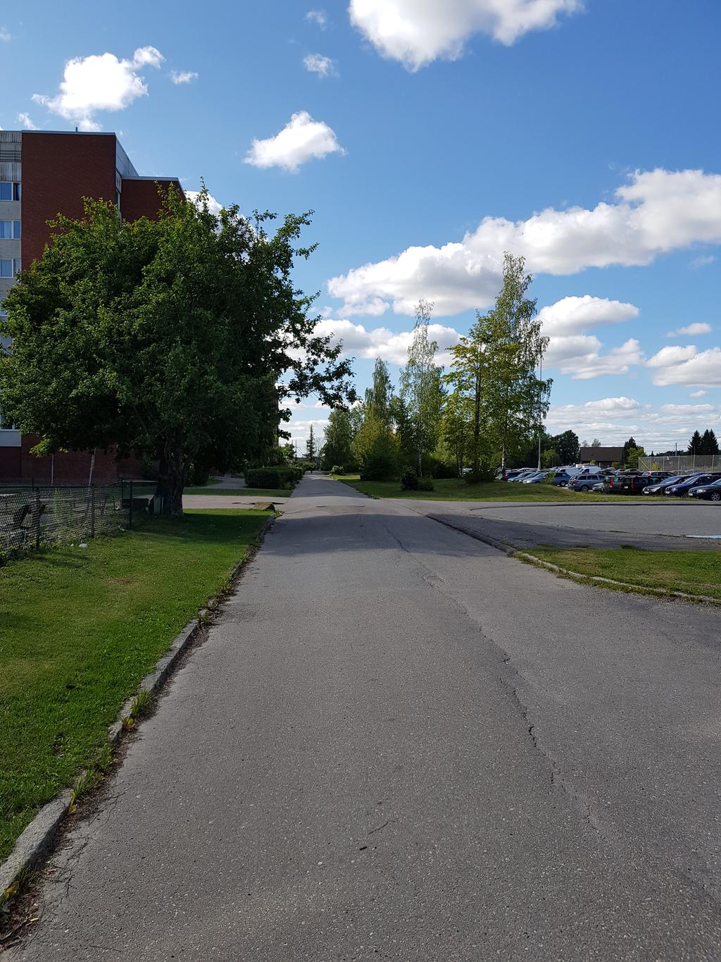 Ytan norr om Årbyparken och bostadsbebyggelsen som främst domineras av asfalterade ytor så som parkeringsplatser, mindre gräsade ytor och träd.