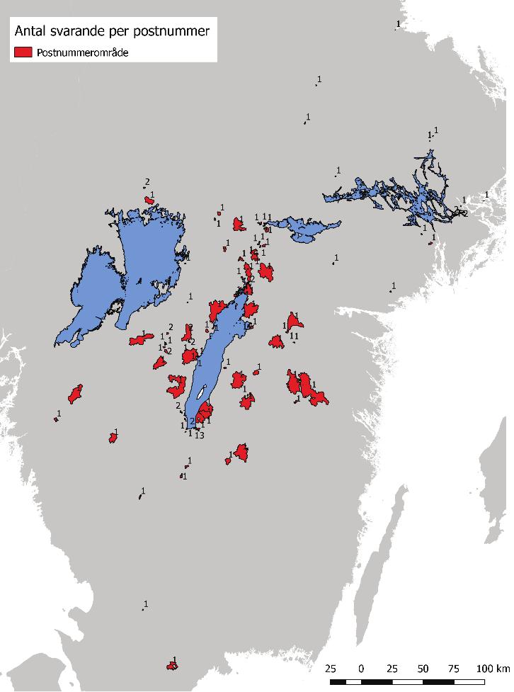 90 80 70 60 50 40 30 20 10 0 Digital Papper Figur 2. Tidpunkt för de turer som rapporterats via de två olika enkätverktygen (n = 249). Figur 3. Antal svarande per postnummer.