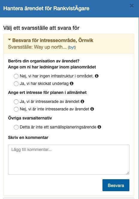 8.3.3 Hanteringsvy för samhällsplanerings- och samordningsärenden Efter att du gått in på ärendet genom att klicka på ärendenumret i listan kommer du att se knappen Hantera a rende la ngst upp till