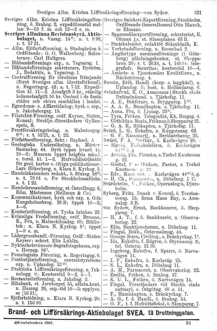 Sveriges Allm. Kristna Lifförsäkringsförening-von Sydow. 531 Sveriges Allm. Kristna Lifl'örsäkringsföre- Sveriges Snickeri-Exportförening, Stockholm.. ning; ö. Braheg.