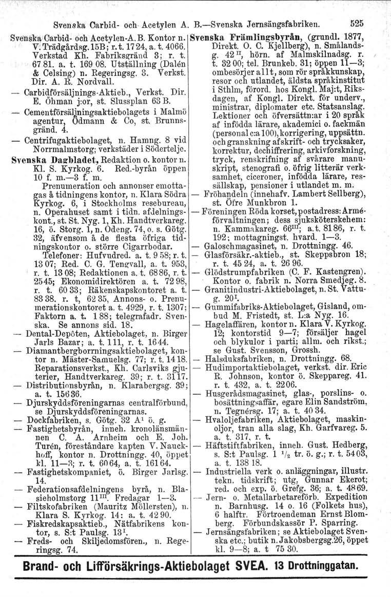 Svenska Carbid- och- Acetylen A. B.-Svenska Jernsängsfabriken. 525 Svenska-Carbid- och Aeetyleu-A. B. Kontor n. Svenska Främlingsbyrån, (grund!. 1877, V: 'I'rädgärdsg. 15B; r. t. 1724, a. t. 4066.