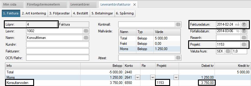 Leverantörsfakturaöverföring Fält/Uppgift Information Projekt Fakturadatum Info Debet kr /Kostnad Pris Texten i Info fältet från Visma Administration kombineras med leverantörsfakturans nummer och