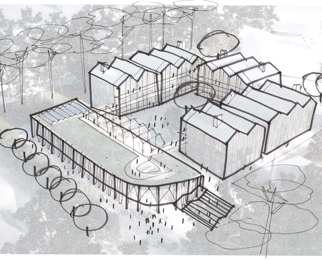 Volymstudie Efter Tidig handskiss. En samling hus omgärdar en inre skolgård.